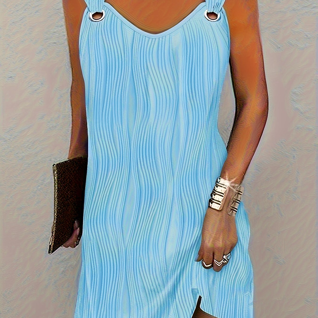 Vestido curto listrado ondulado, decote em V, sem mangas, estilo casual.