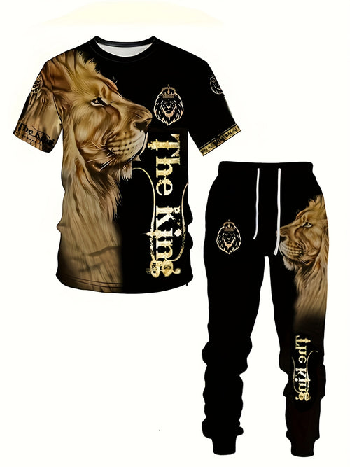 Men's 3D Lion Print Activewear Set, Tee & Pants