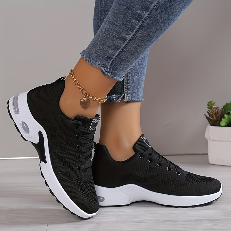 Womens Low-Top Air Cushion Sneakers - Shock Absorbing, Breathable, Comfortable, and Lightweight Fabric Shoes for Outdoor Sports and Daily Wear - All-Season, Lace-Up, Solid Color, and MD Sole