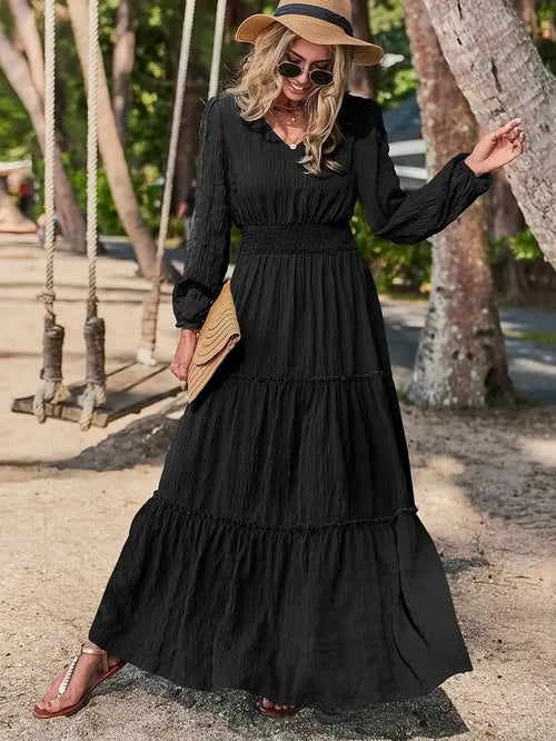 Solid V-Neck Textured Maxi Dress – Vacation Style, Smocked Long Sleeves