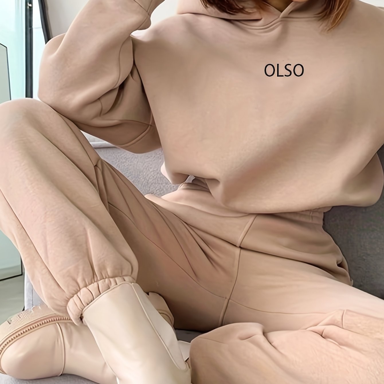 Casual Two-Piece Set - Letter Print Hooded Sweatshirt & Elastic Waist Sweatpants