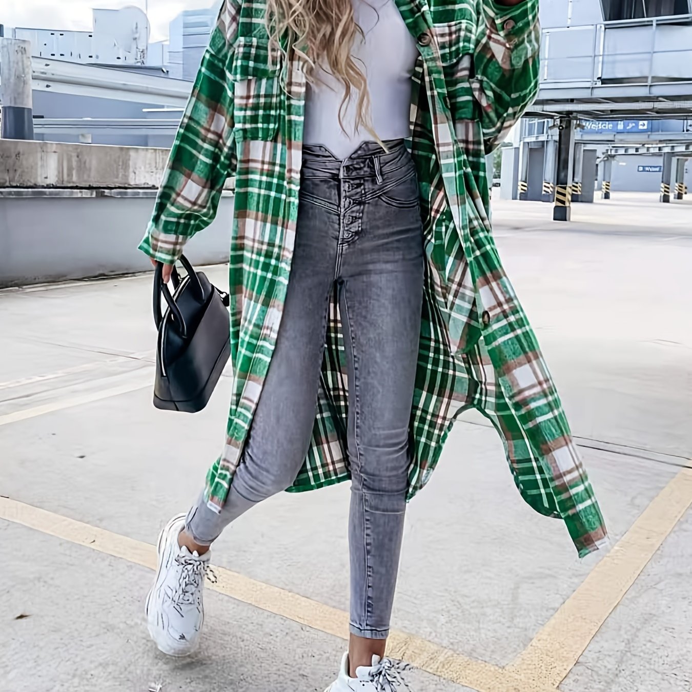 Plaid Print Long Jacket, Casual Button-Front with Flap Pockets.