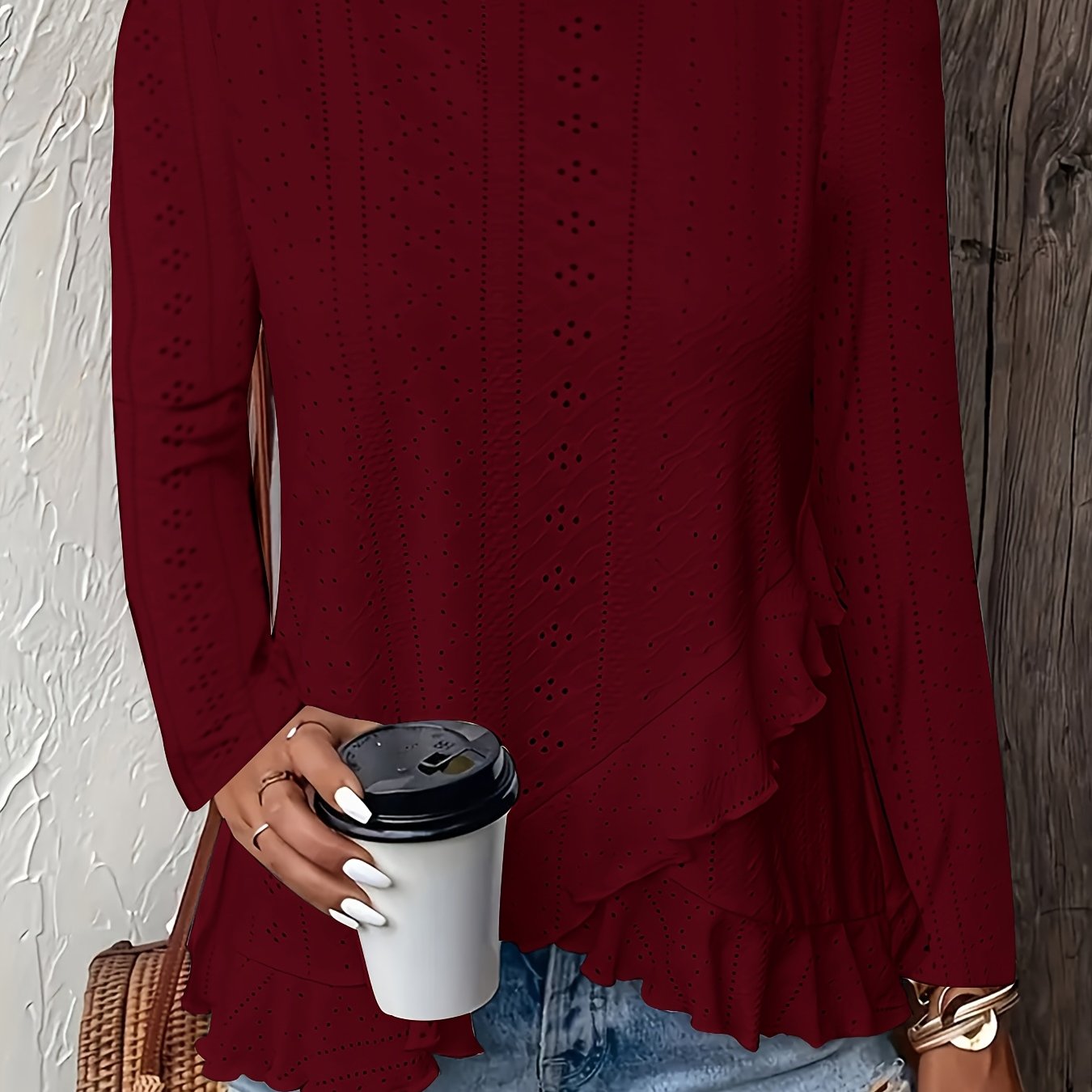 Camiseta feminina de manga comprida com babados e gola redonda, elegante e estilosa, primavera e outono, confortável e respirável, tecido jacquard de cor sólida