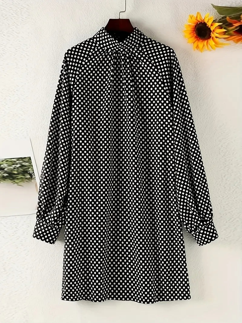 Polka Dot Mock Neck Mini Dress – Elegant Long Sleeve Outfit
