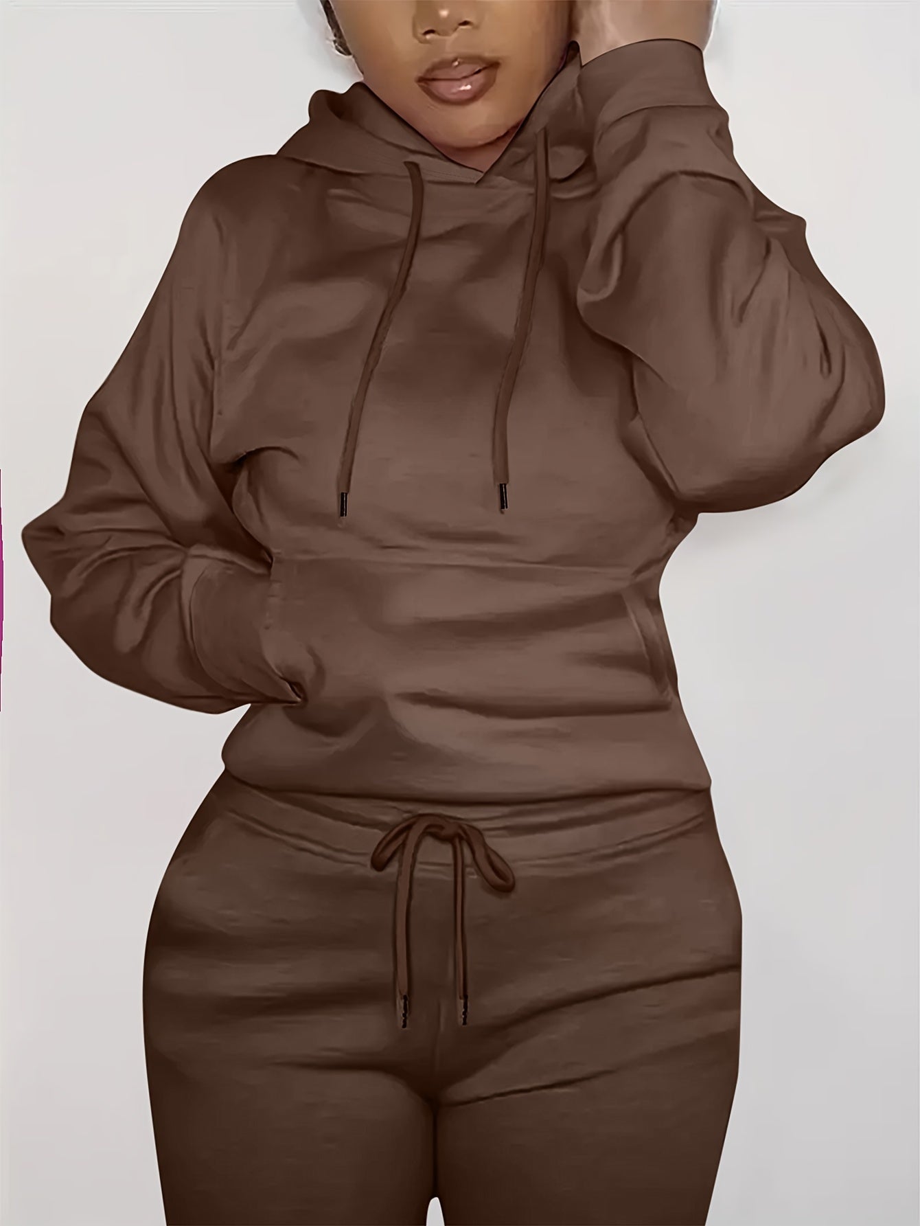 Solid Kangaroo Pocket Hoodie - Casual Long Sleeve Drawstring Sweatshirt