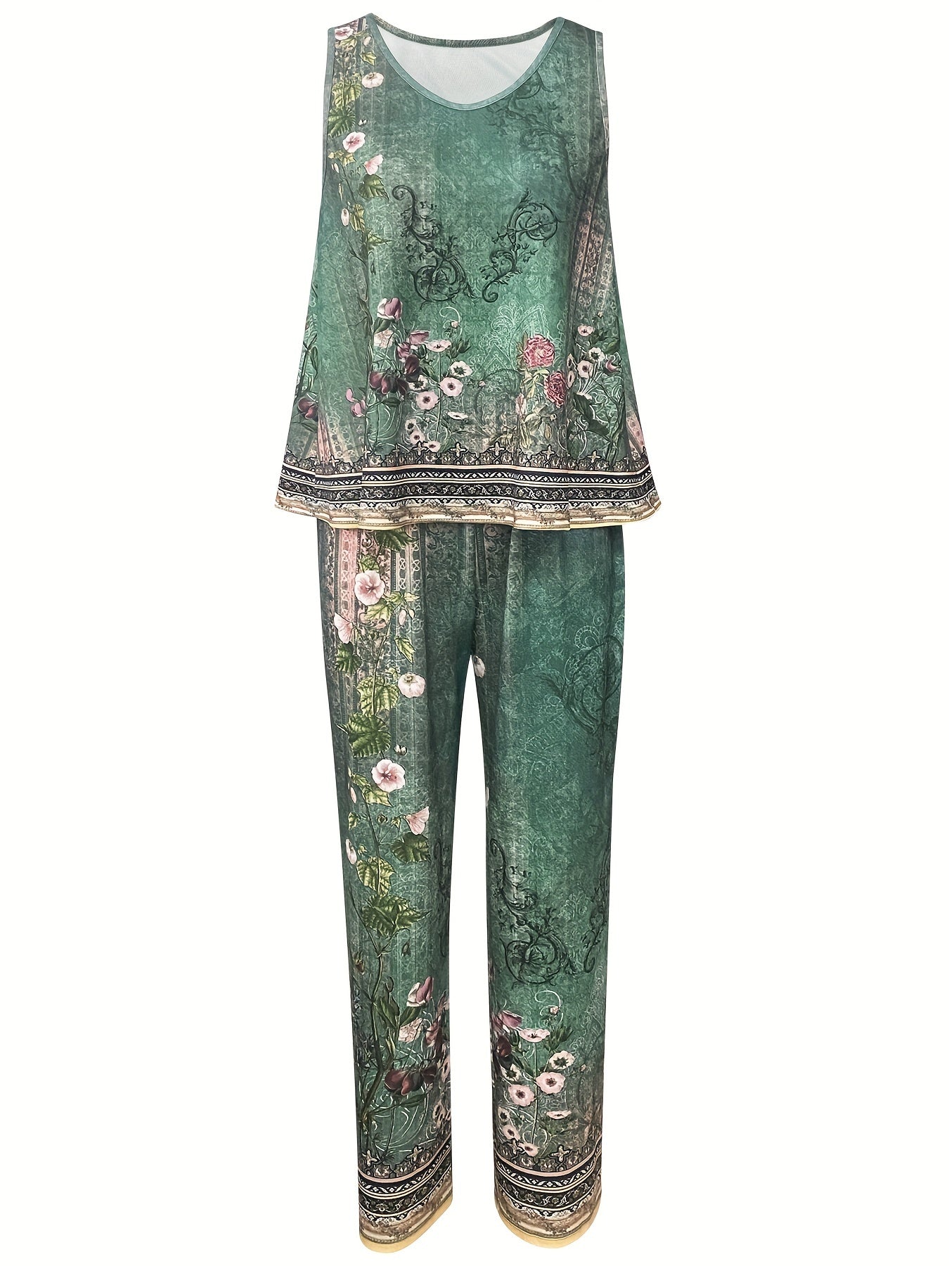 Floral Print Casual Pants Set, Crew Neck Tank Top & Pants Outfits For Summer, Women's Clothing