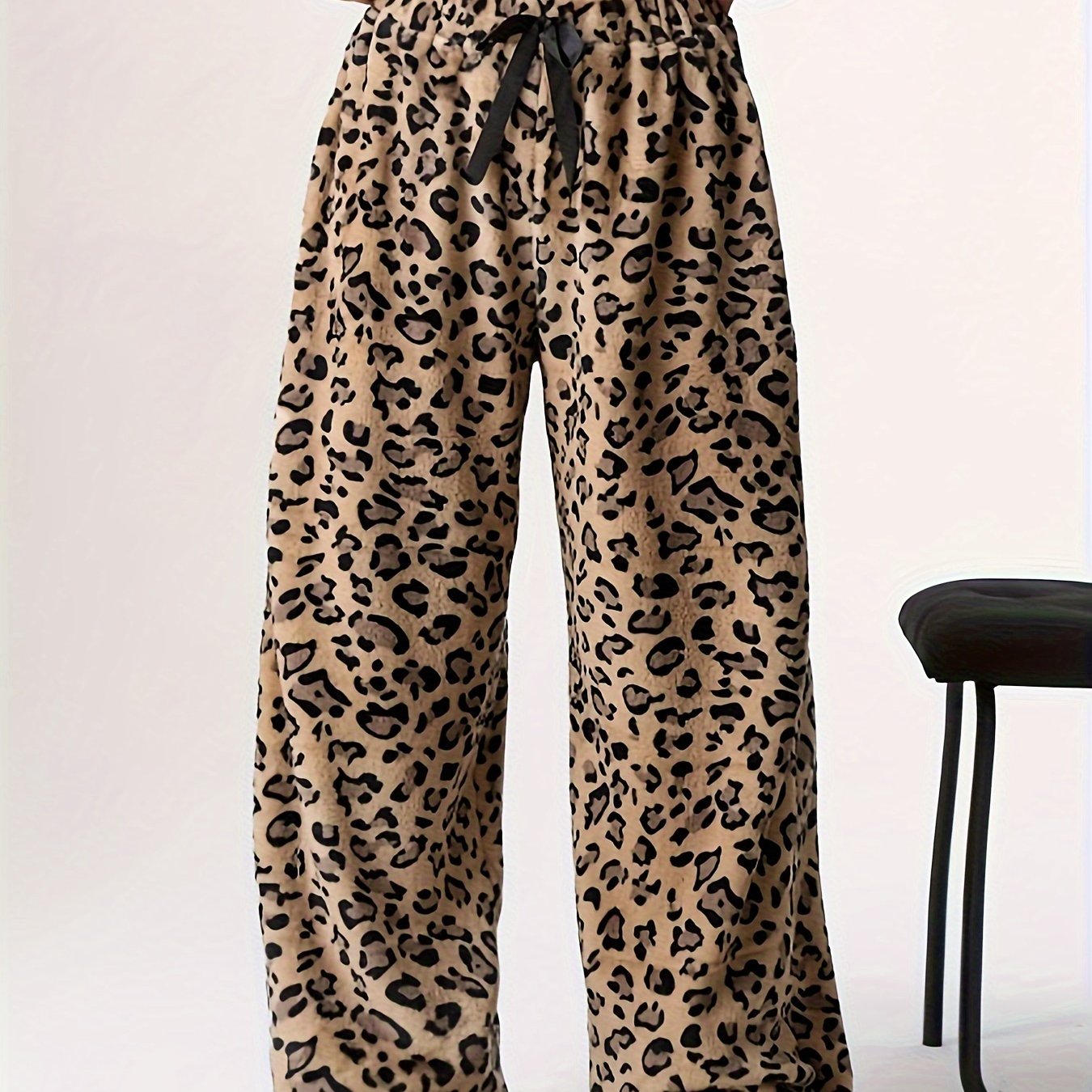 Leopard Print Drawstring Pants - Fuzzy Teddy, Straight Leg