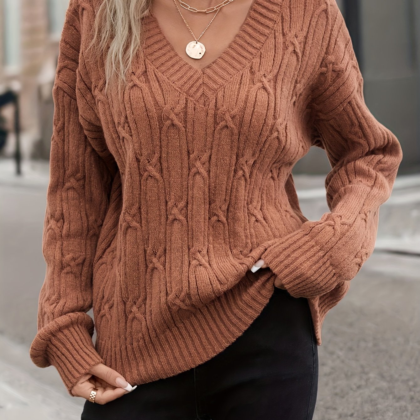 V-Neck Cable Knit Sweater, Casual Long Sleeve for Fall & Spring