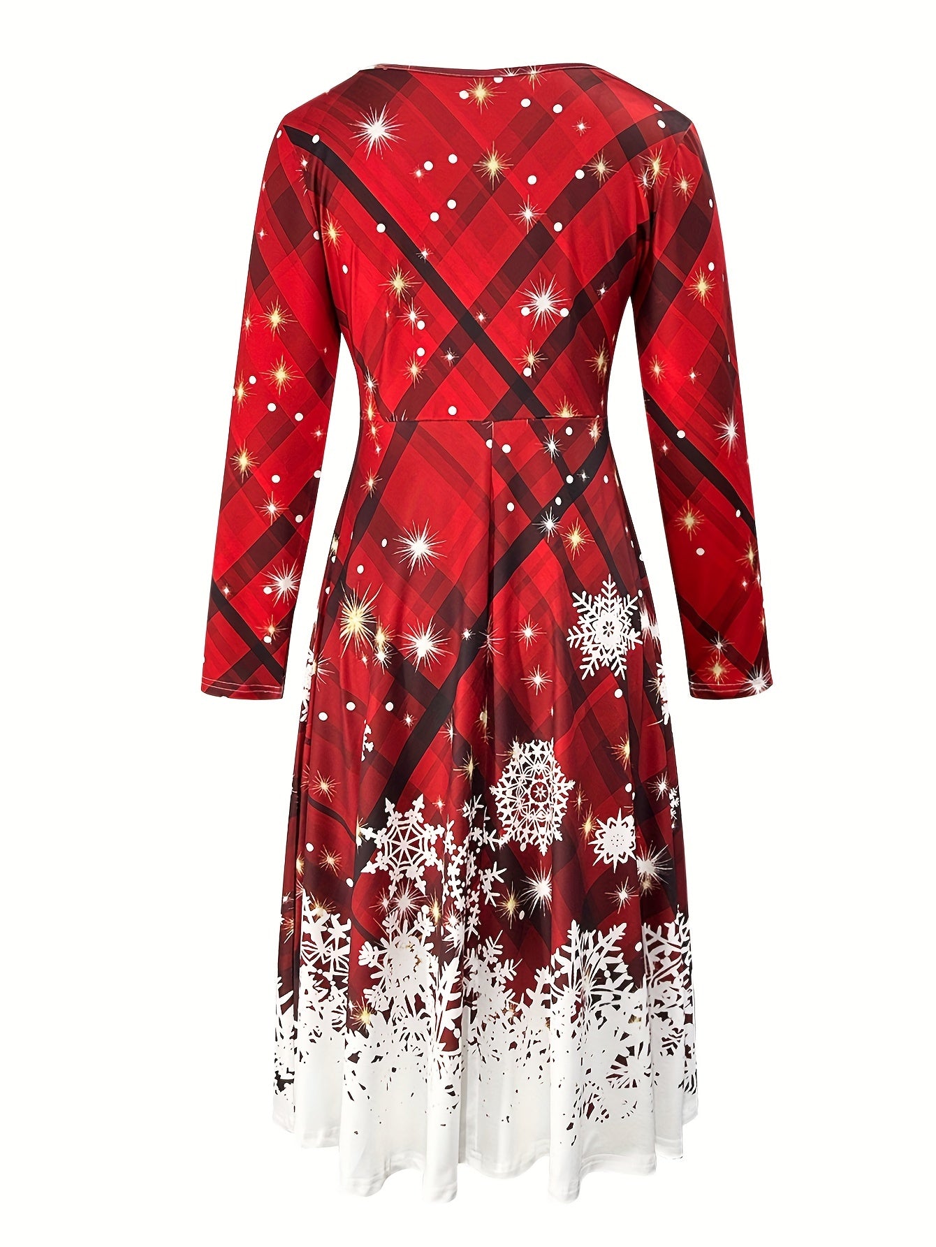 Vestido midi de manga comprida com estampa natalina e gola redonda para outono e inverno.