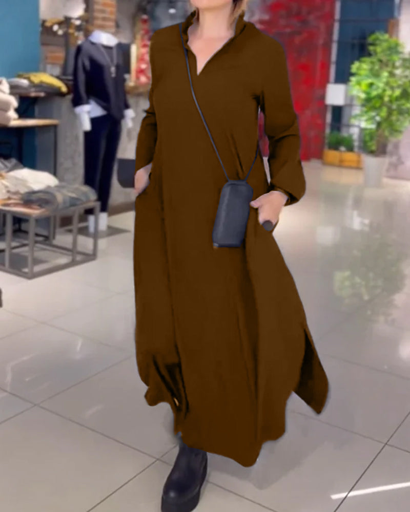 Zoe™ - Vestido longo solto com lapela de fenda lateral