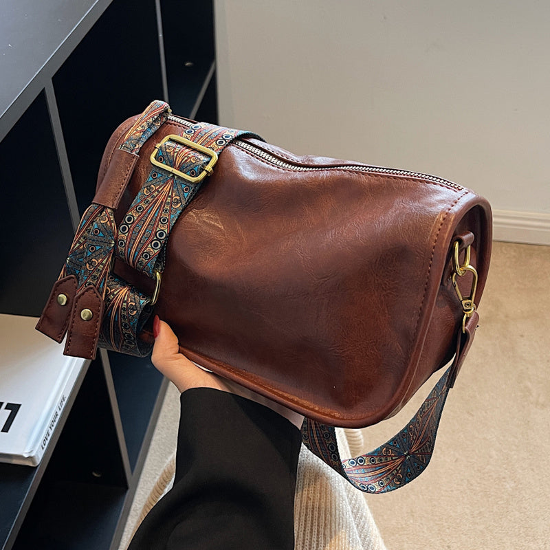 Bolsa tiracolo com zíper e estampa gráfica - estilosa, alça larga, grande capacidade