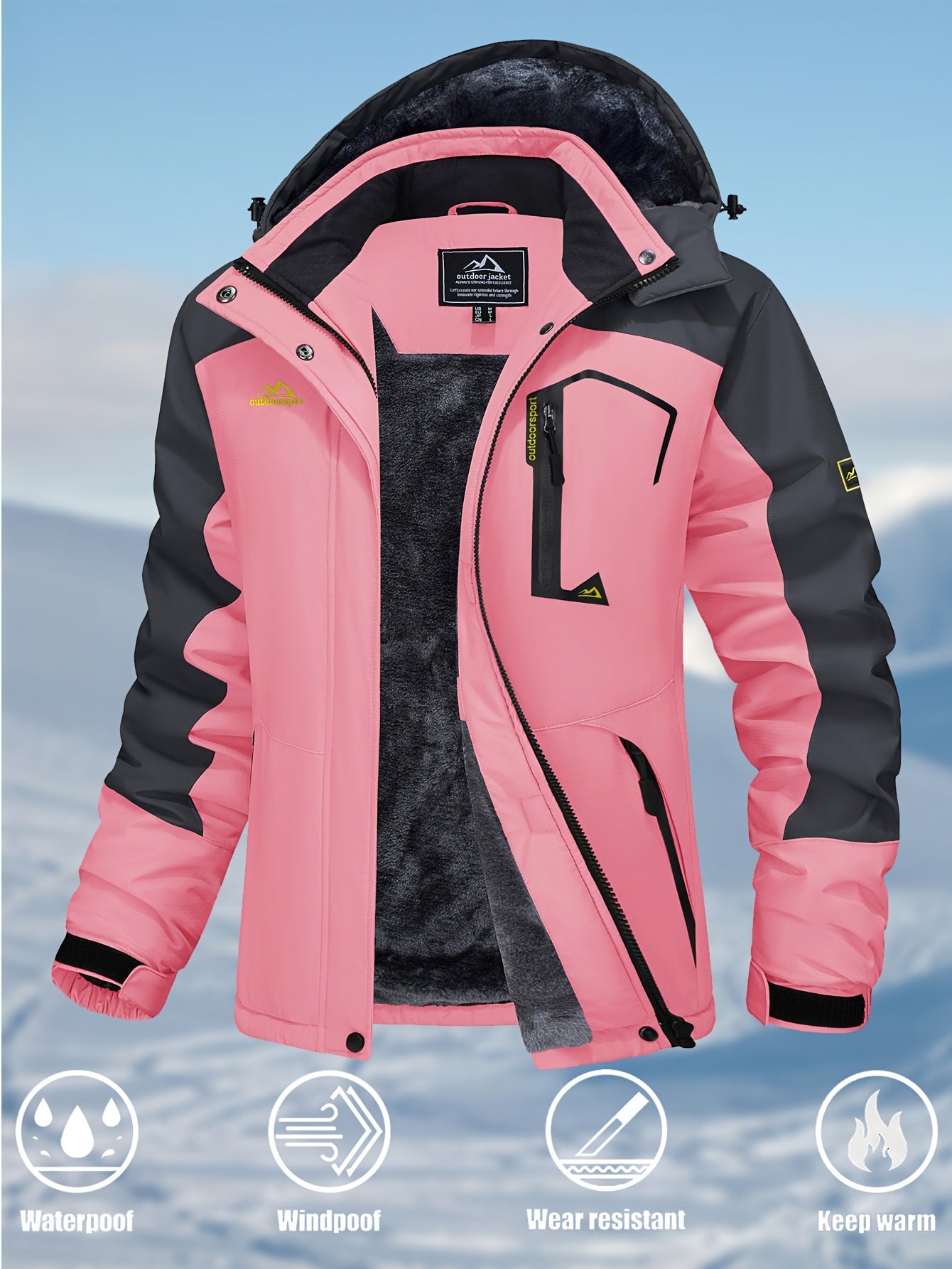 Women's Waterproof & Windproof Ski Jacket - Fleece Lined Thermal Winter Coat with Detachable Hood, Adjustable Cuff, and Zippered Pockets for Skiing, Hiking, and Outdoor Activities, Winter Outdoor Gear | Hooded Warmth Jacket | Waterproof Polyester