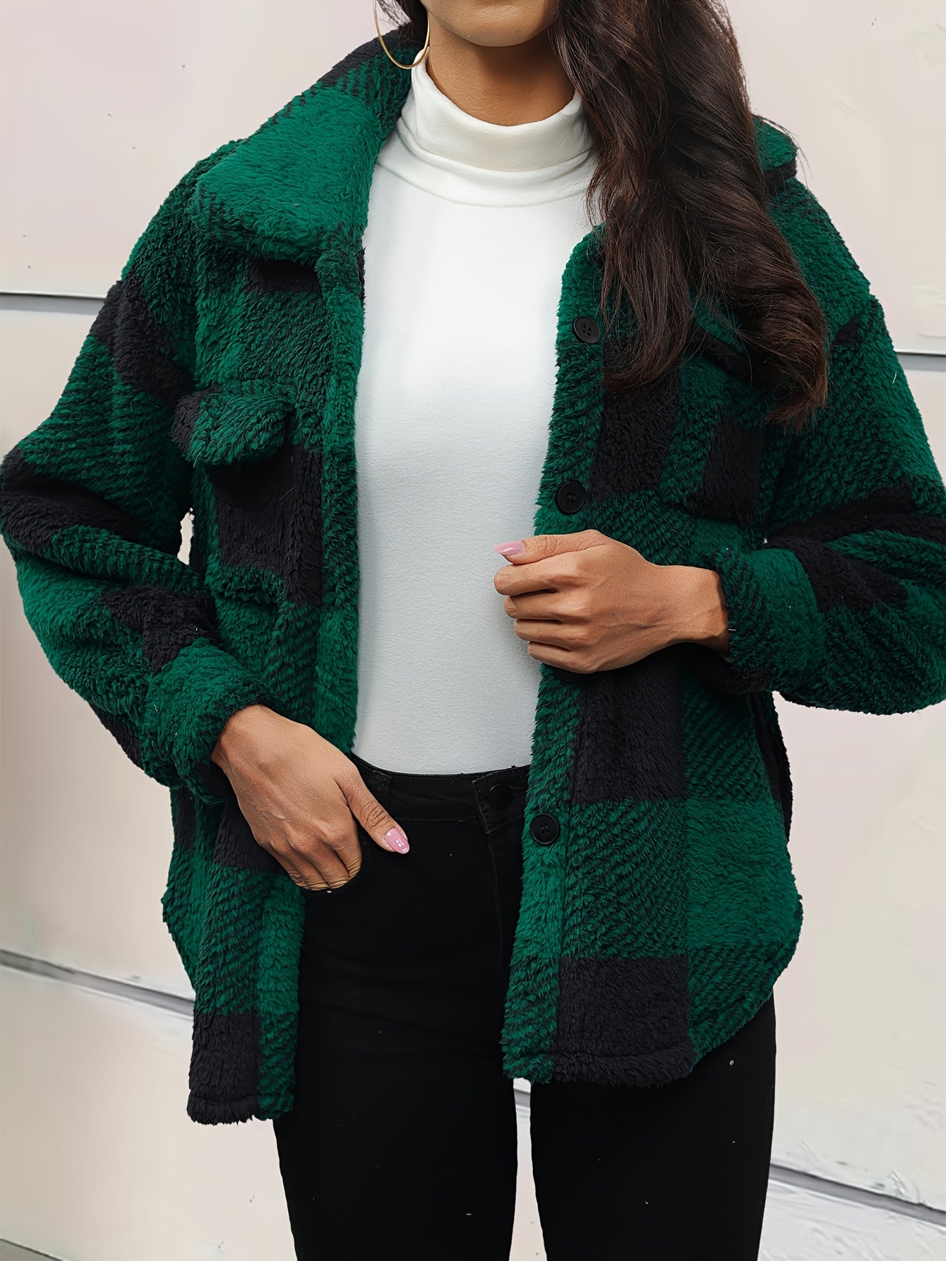 Elegant Plush Winter Jacket - Polyester and Elastane, Checkered Pattern, High Stretch Fabric, Machine Washable, Knitted Style