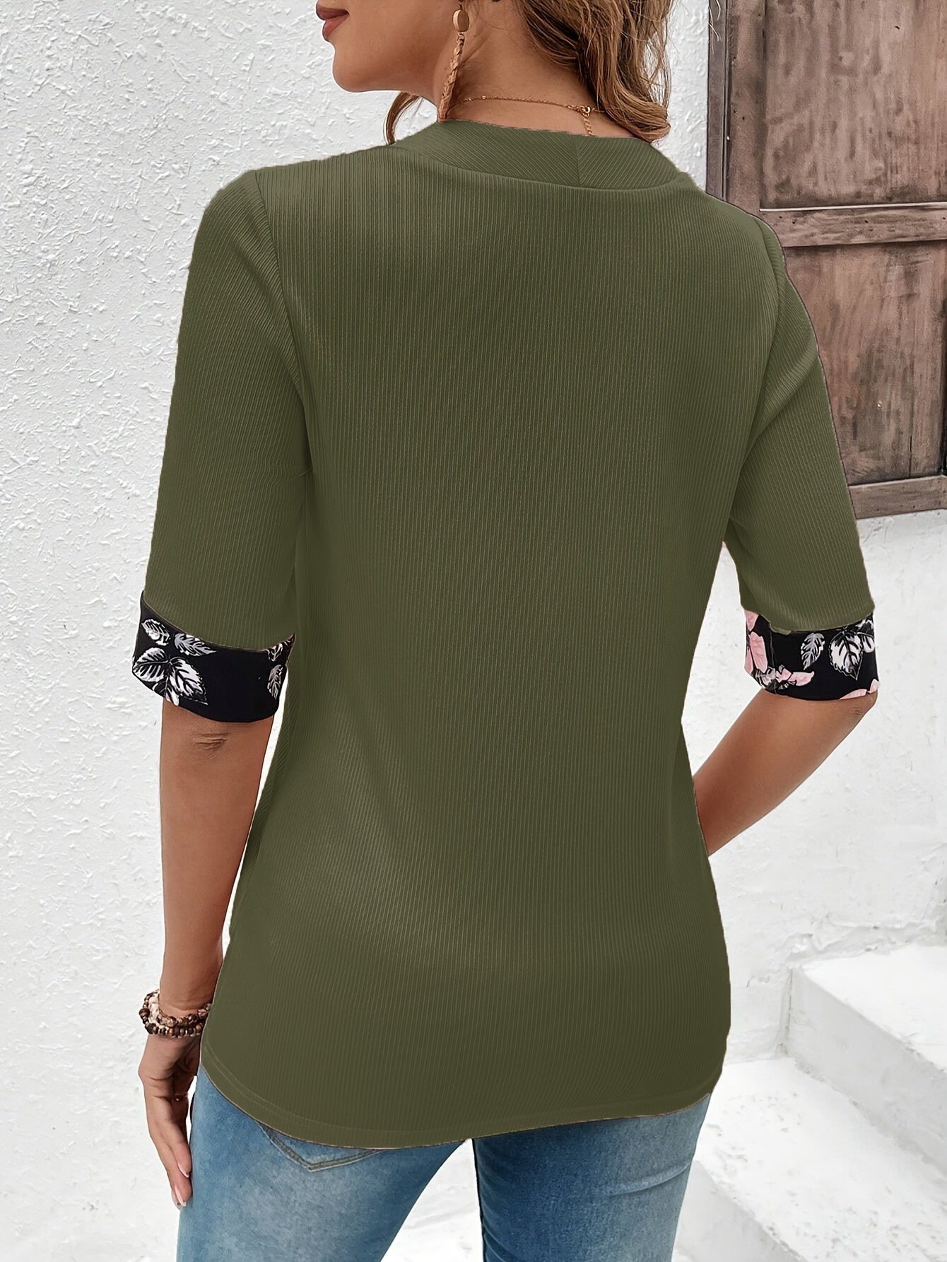 Floral Print Splice 2 In 1 T-shirt, Elegant Short Sleeve Square Neck Top, Women's Clothing