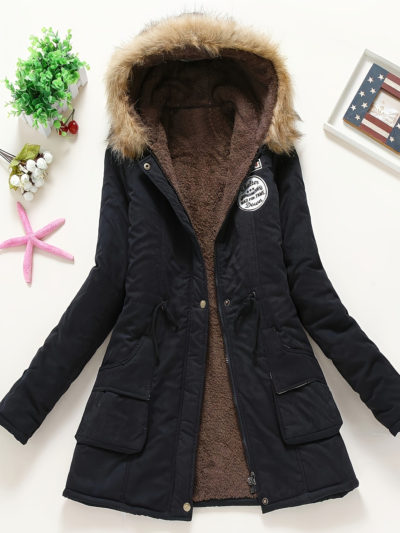 Winter Hooded Fleece Jacket, Zip-Up with Fur Collar