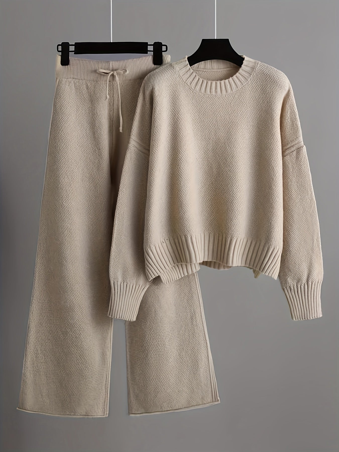 Damen-Set aus Strickpullover und Hose mit weitem Bein – lässig, langärmlig, einfarbig