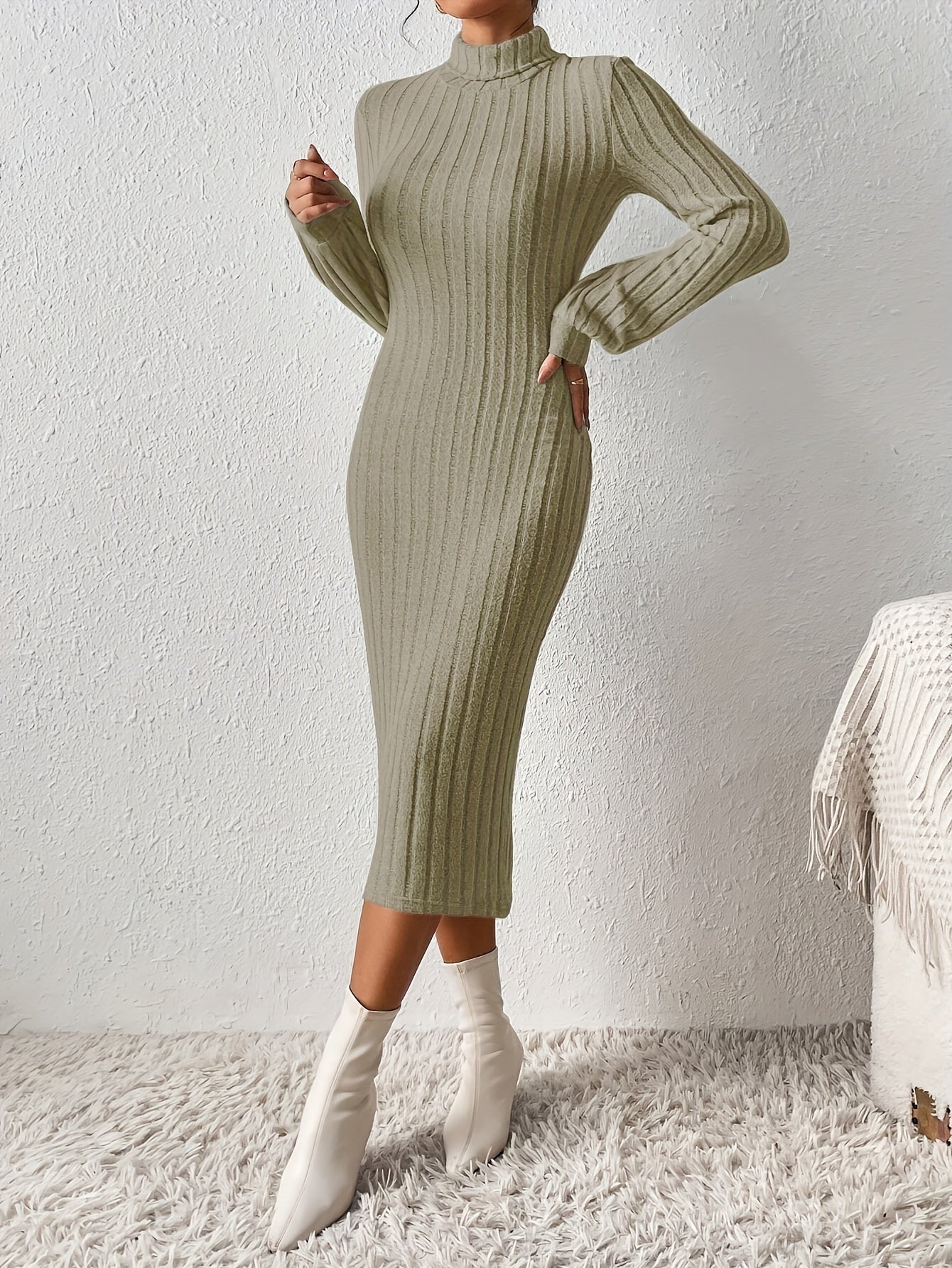 Vestido justo com nervuras, gola alta elegante, manga comprida, para mulheres.