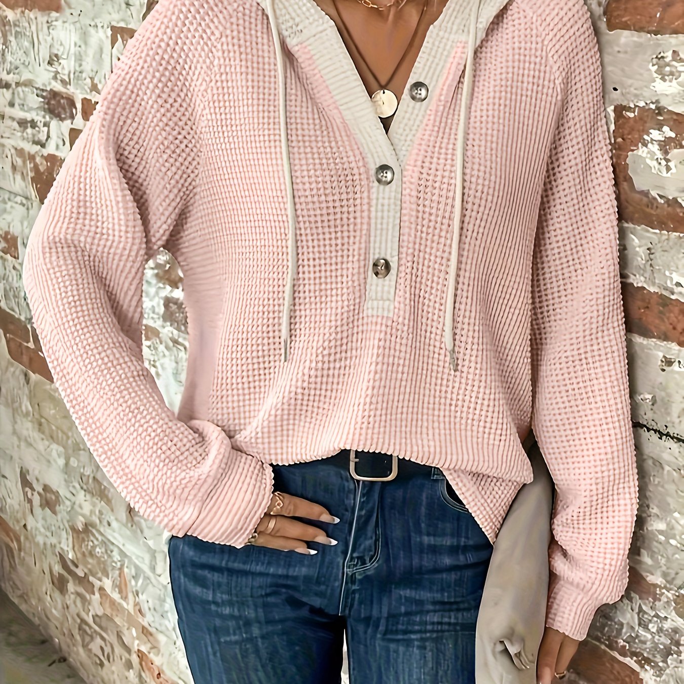 Color Block Hoodie, Button Front, Long Sleeve, Casual Sweatshirt for Women.