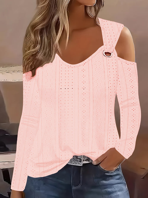 Camiseta com ombros descobertos e ilhós, blusa casual de manga comprida para primavera e outono.