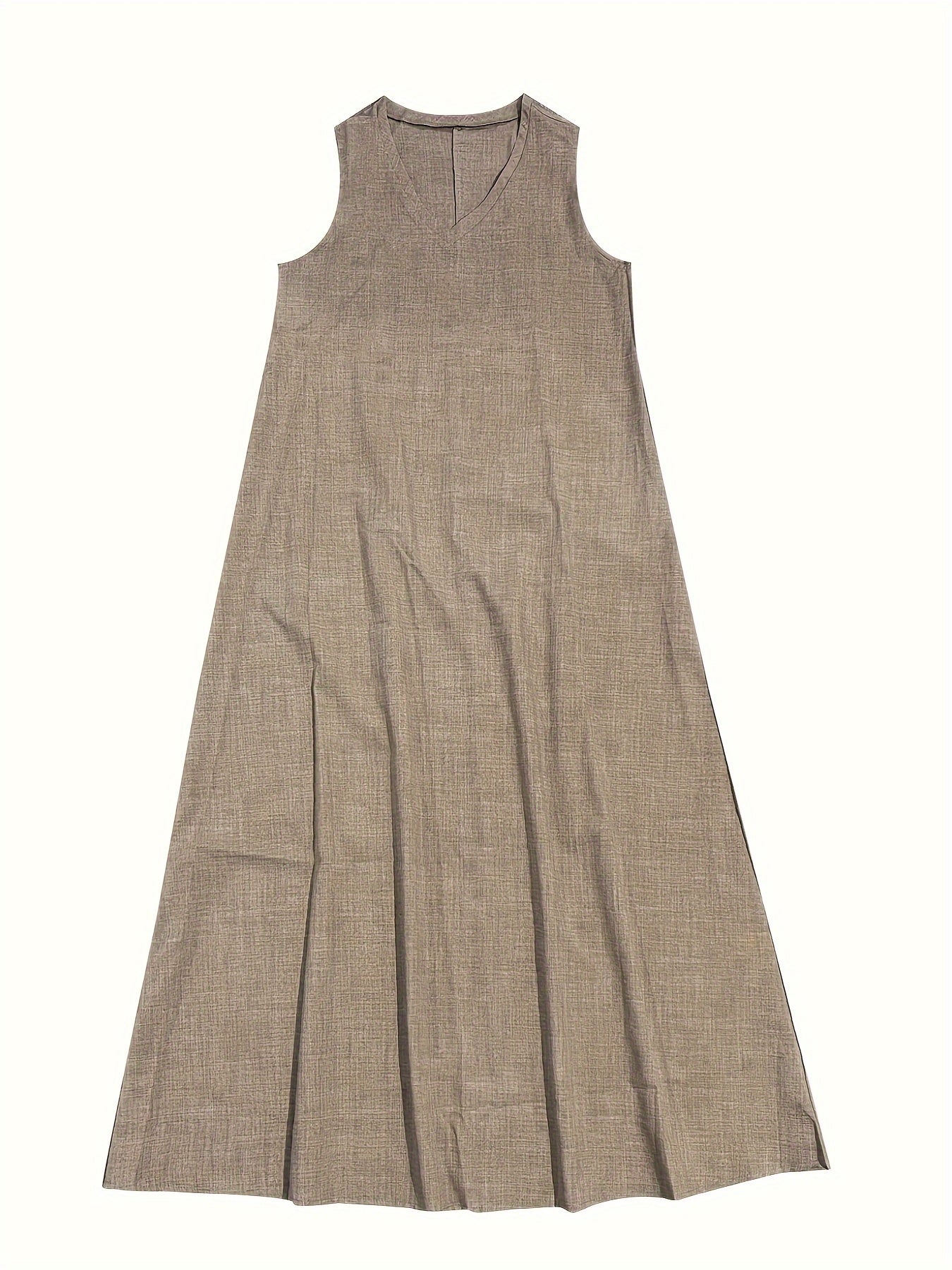 Vestido longo com decote em V, sem mangas, cor sólida, ideal para primavera e verão.