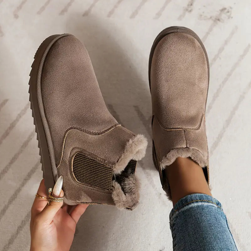 Kurze Stiefel für Damen in Volltonfarbe – Lässiger Slipper, Plüschfutter, bequeme Winterstiefel