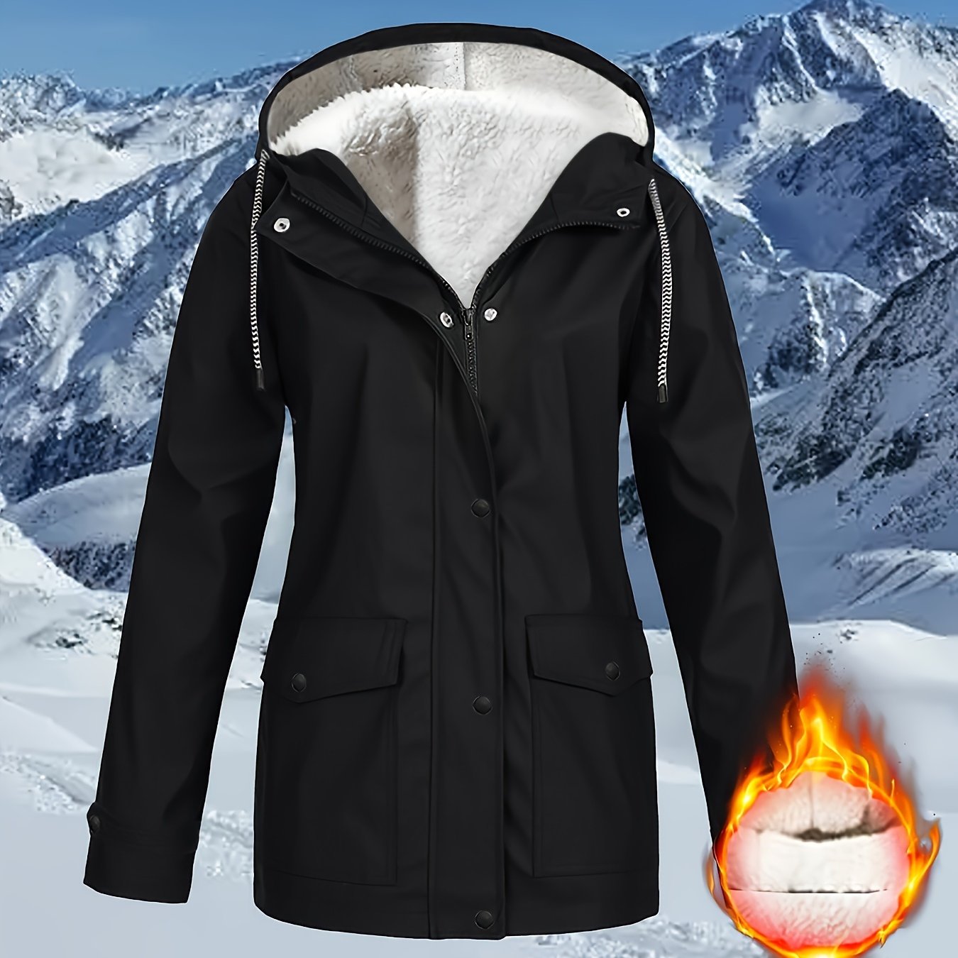 Corta-vento feminino com capuz e forro de lã - Jaqueta impermeável e casual de manga comprida para outono/inverno