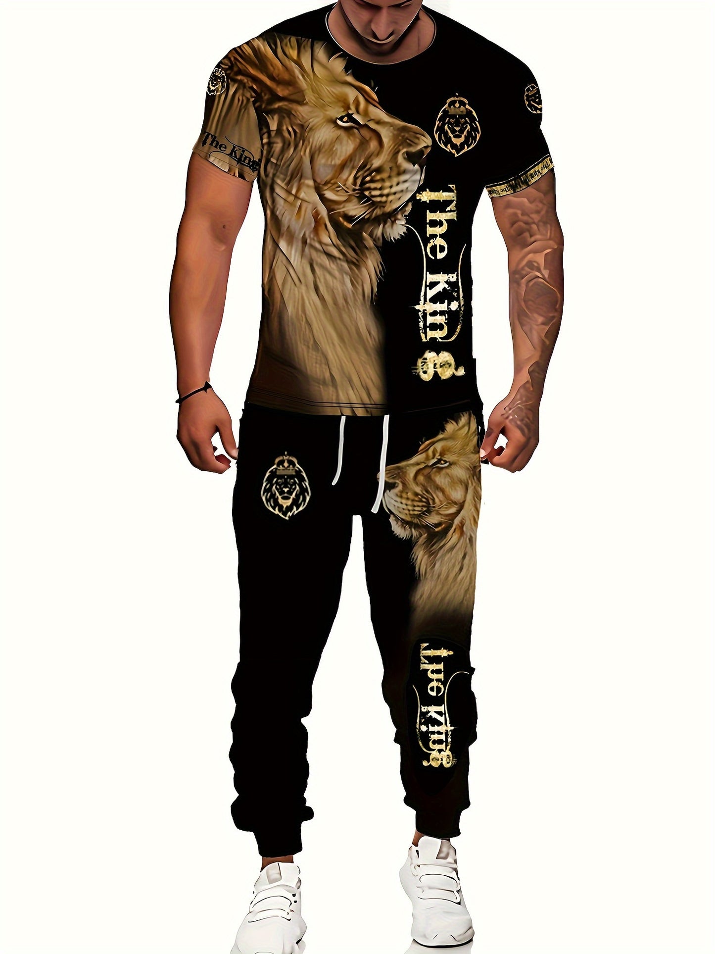 Men's 3D Lion Print Activewear Set, Tee & Pants