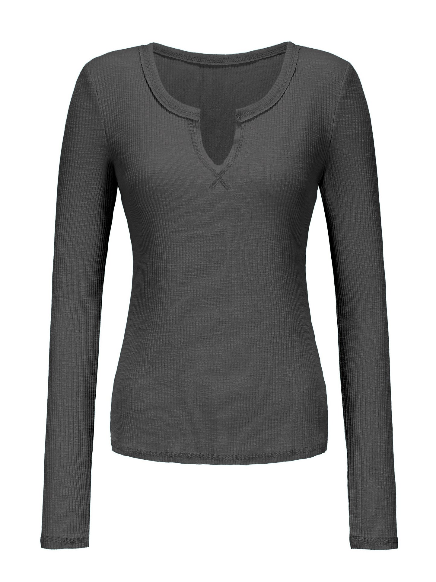 Camiseta lisa com decote entalhe, manga comprida, casual, blusa feminina para outono/primavera.