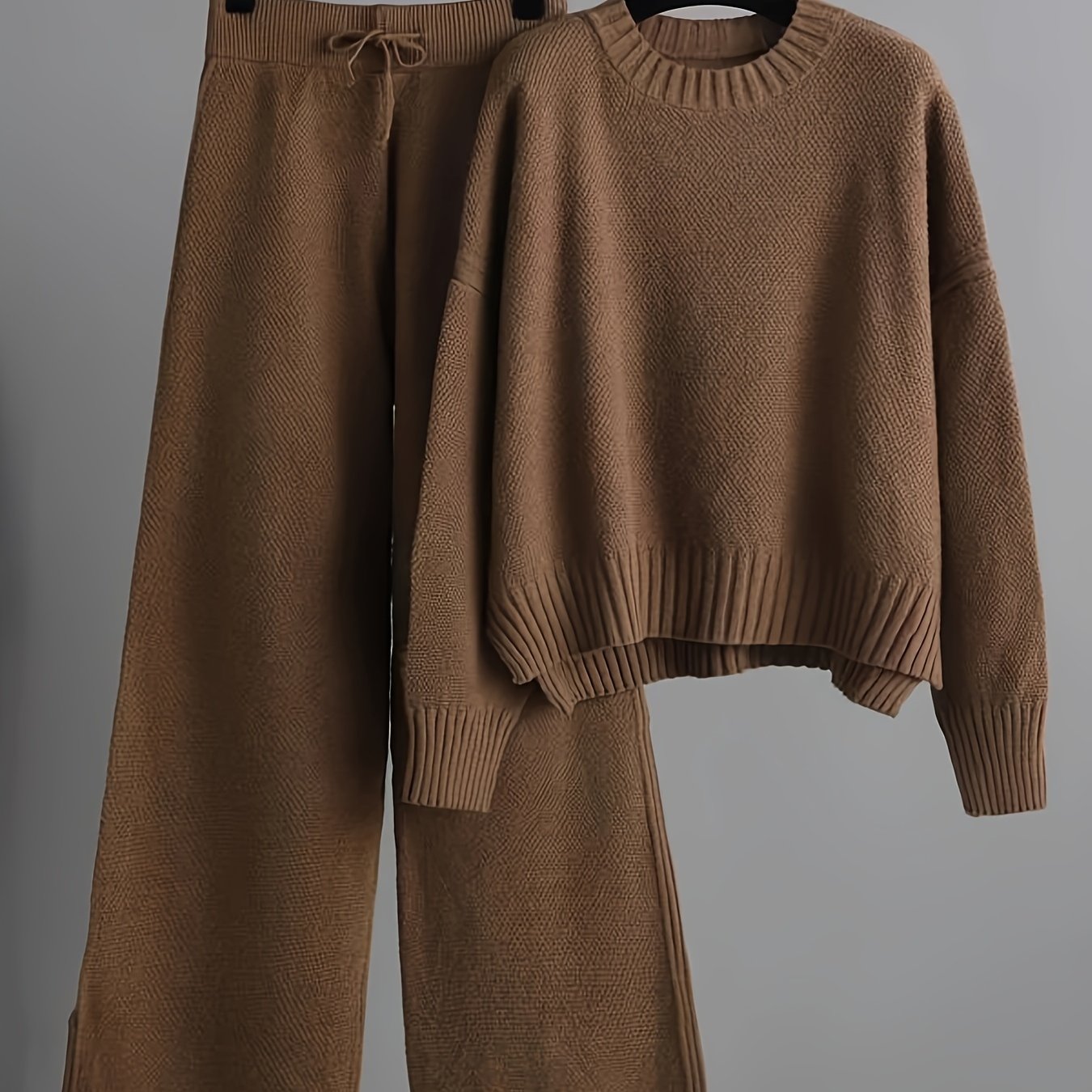 Damen-Set aus Strickpullover und Hose mit weitem Bein – lässig, langärmlig, einfarbig