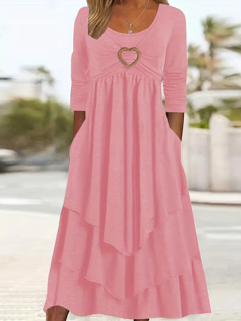 Heart Ring Decor Ruffle Layered Dress – Casual Crew Neck, Long Sleeve