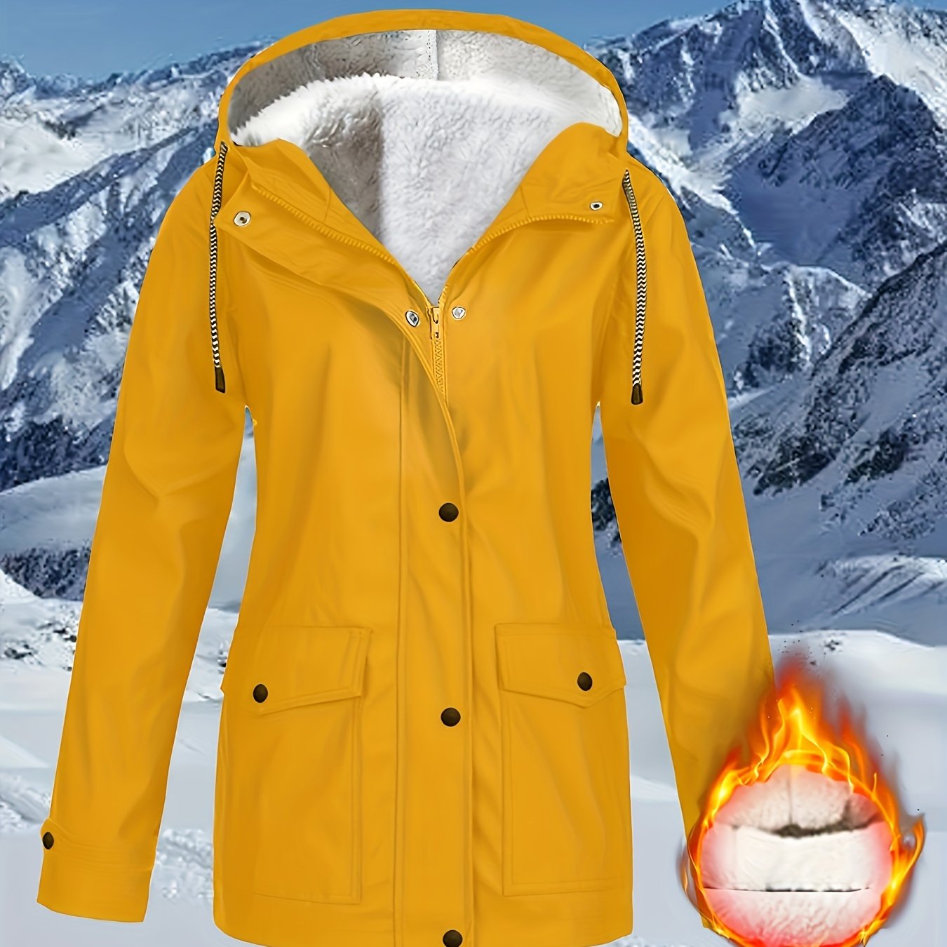 Corta-vento feminino com capuz e forro de lã - Jaqueta impermeável e casual de manga comprida para outono/inverno