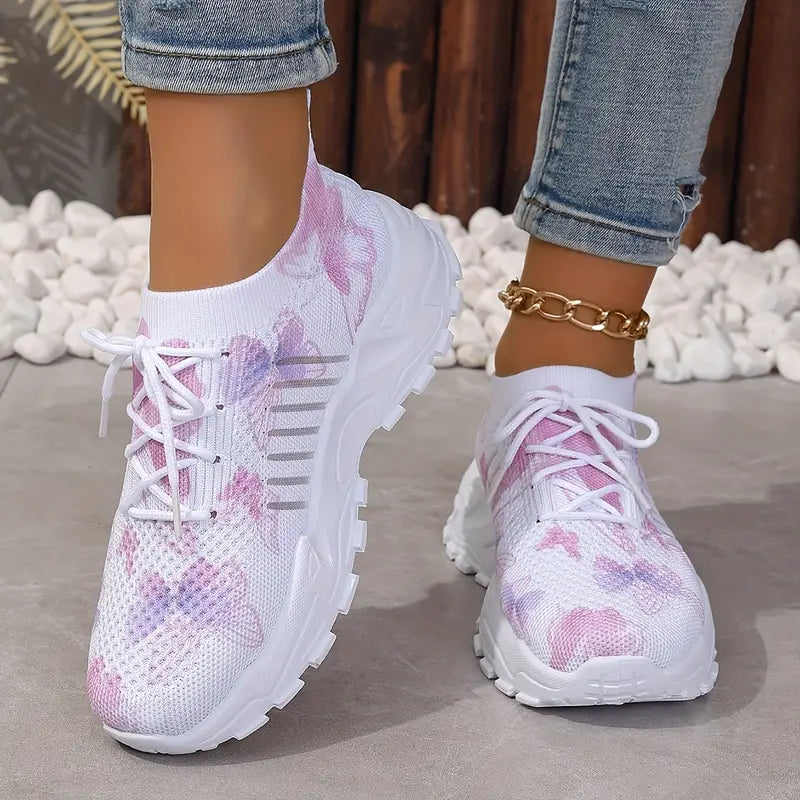 Damen-Sneaker mit Schmetterlingsmuster – Schnürschuhe, atmungsaktives Strick-Low-Top