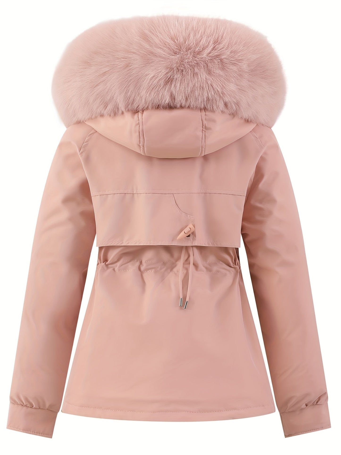 Zip-up Fuzzy Trim Hoodie Parka, Casual Drawstring Waist Winter Coat