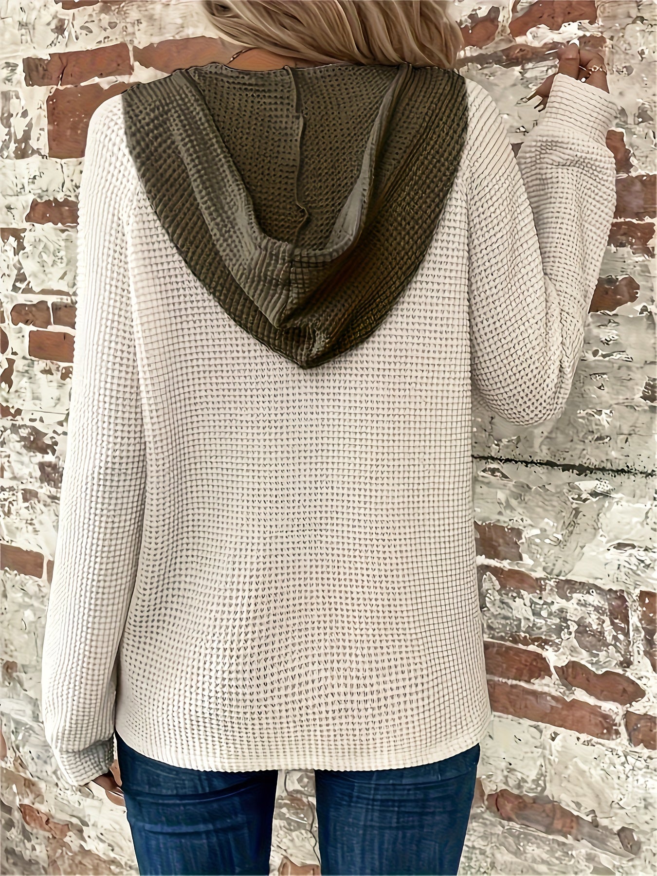 Color Block Hoodie, Button Front, Long Sleeve, Casual Sweatshirt for Women.