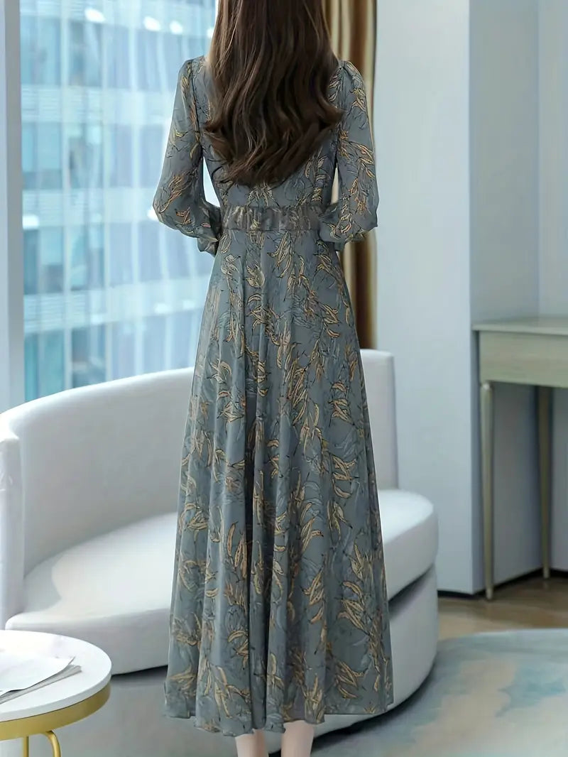 loral Pattern Midi Dress, Vintage V Neck Long Sleeve Dress, Women's Clothing