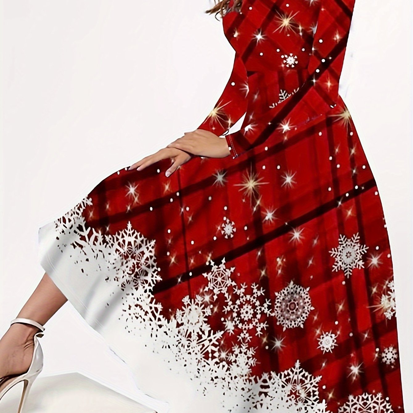 Vestido midi de manga comprida com estampa natalina e gola redonda para outono e inverno.