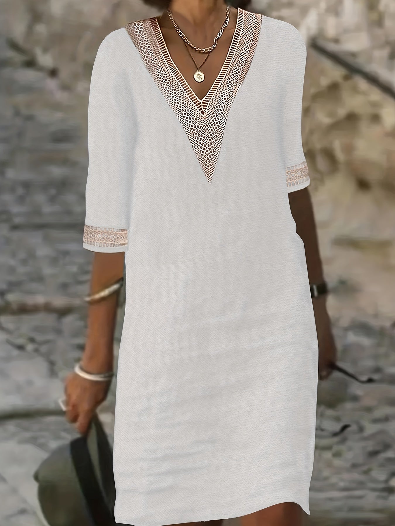 Guipure Lace V-Neck Dress, Casual Short Sleeve for Spring & Summer.