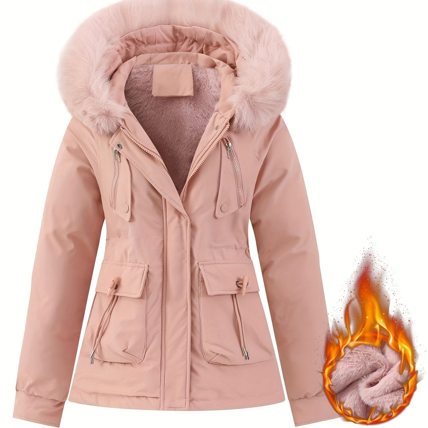 Zip-up Fuzzy Trim Hoodie Parka, Casual Drawstring Waist Winter Coat