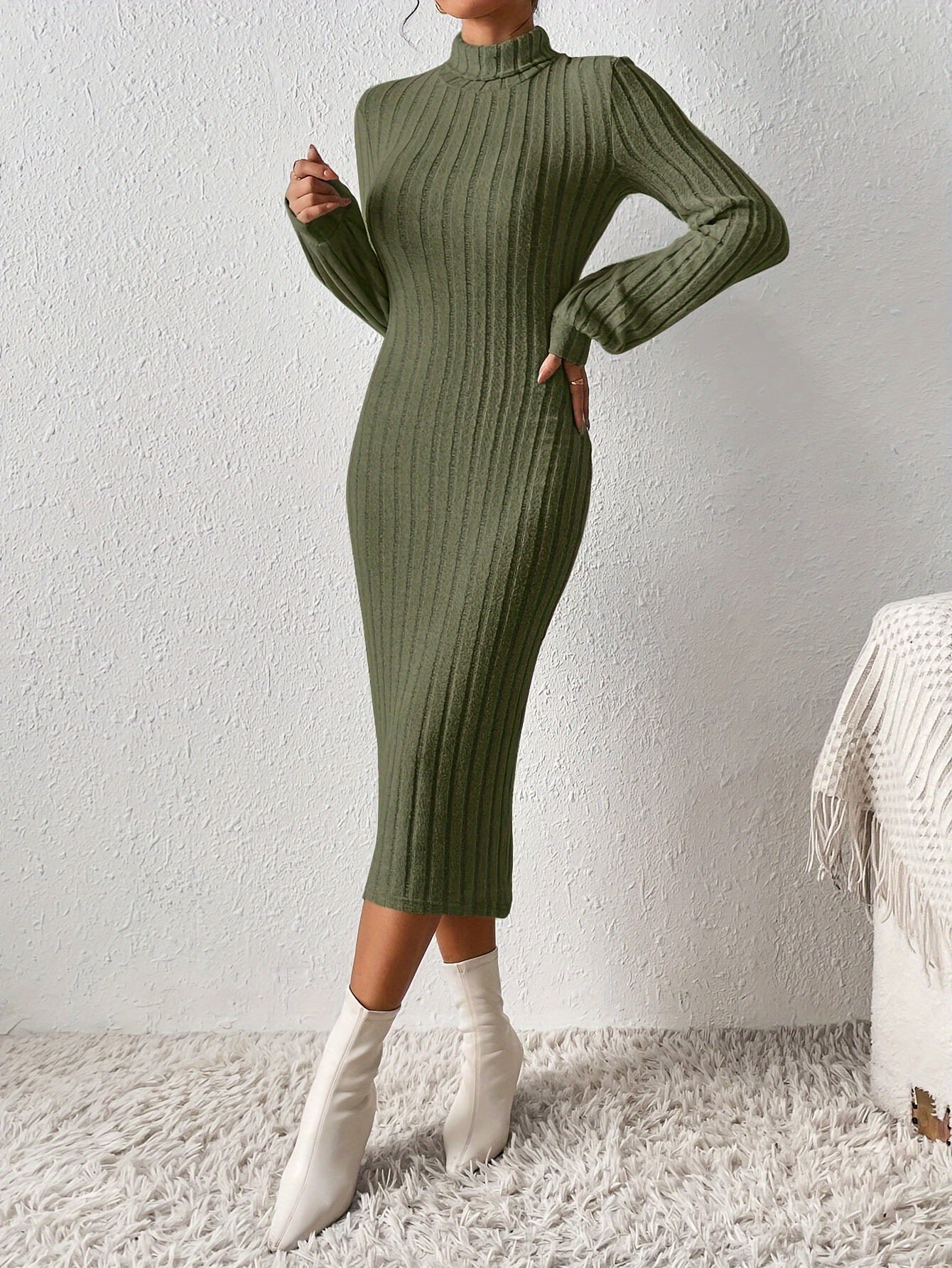 Vestido justo com nervuras, gola alta elegante, manga comprida, para mulheres.