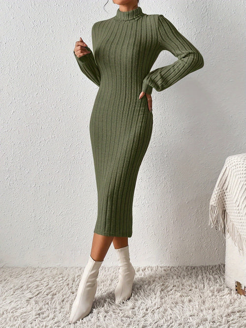 Vestido justo com nervuras, gola alta elegante, manga comprida, para mulheres.