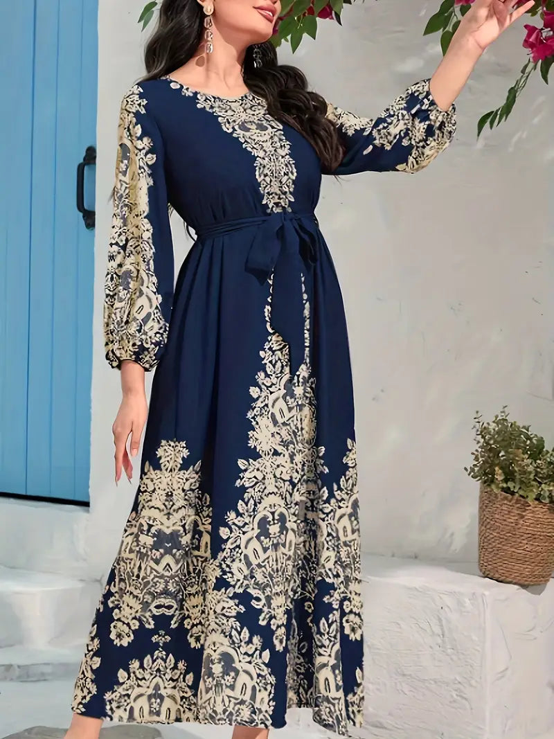 Ramadan Print Kaftan – Elegant Tie-Waist Maxi Dress