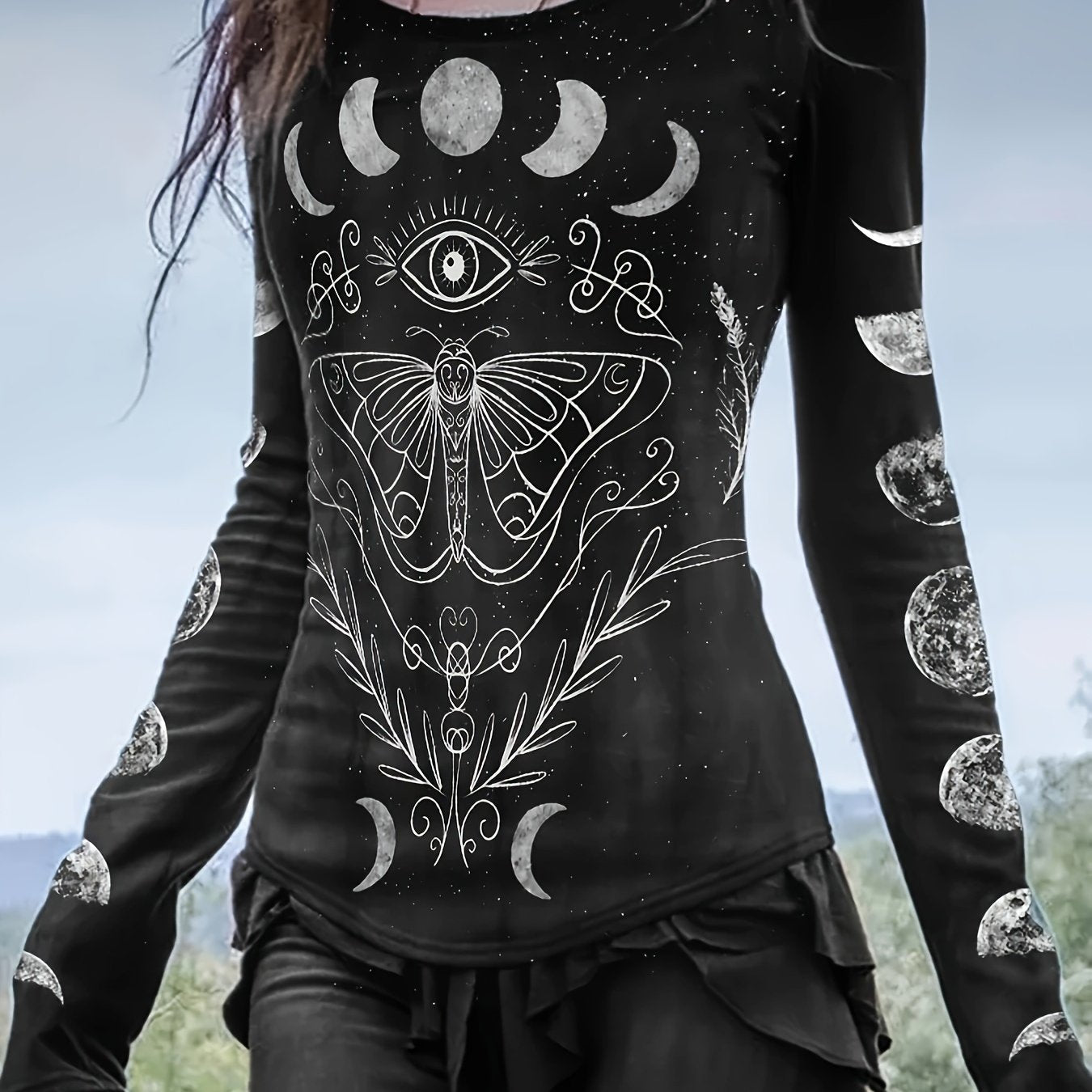 Camiseta casual e estilosa com estampa de borboleta do Ramadã e gola redonda de manga comprida para mulheres