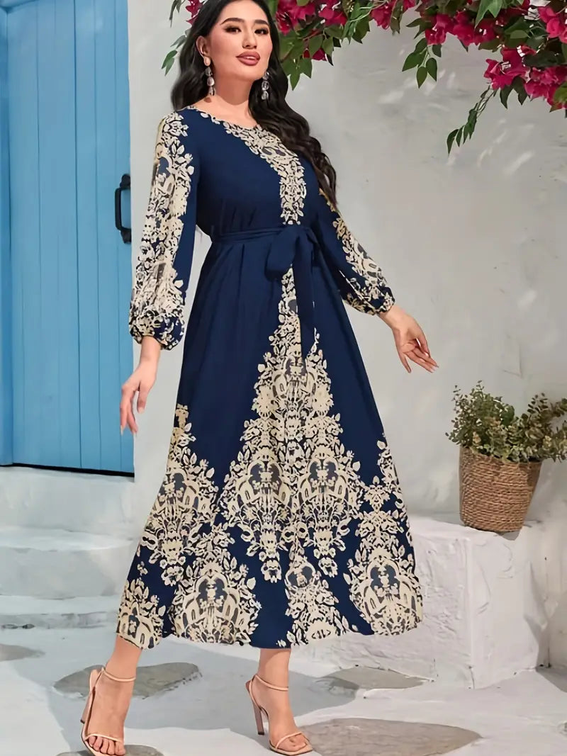 Ramadan Print Kaftan – Elegant Tie-Waist Maxi Dress