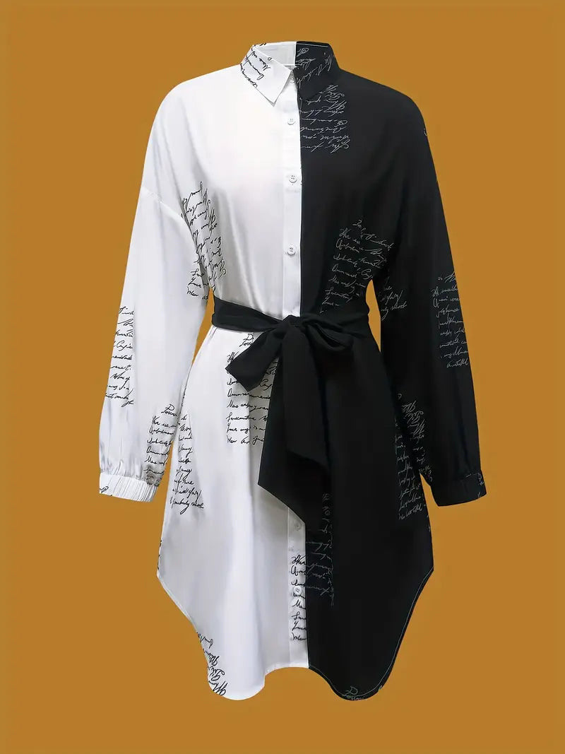 Color Block Shirt Dress – Casual Long Sleeve Belted Outfit