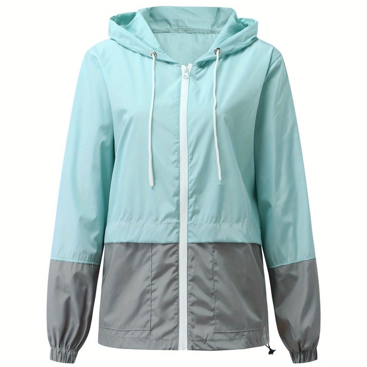 Women Packable Rain Jacket, Outdoor Color Block Hooded Windbreaker with Drawstring