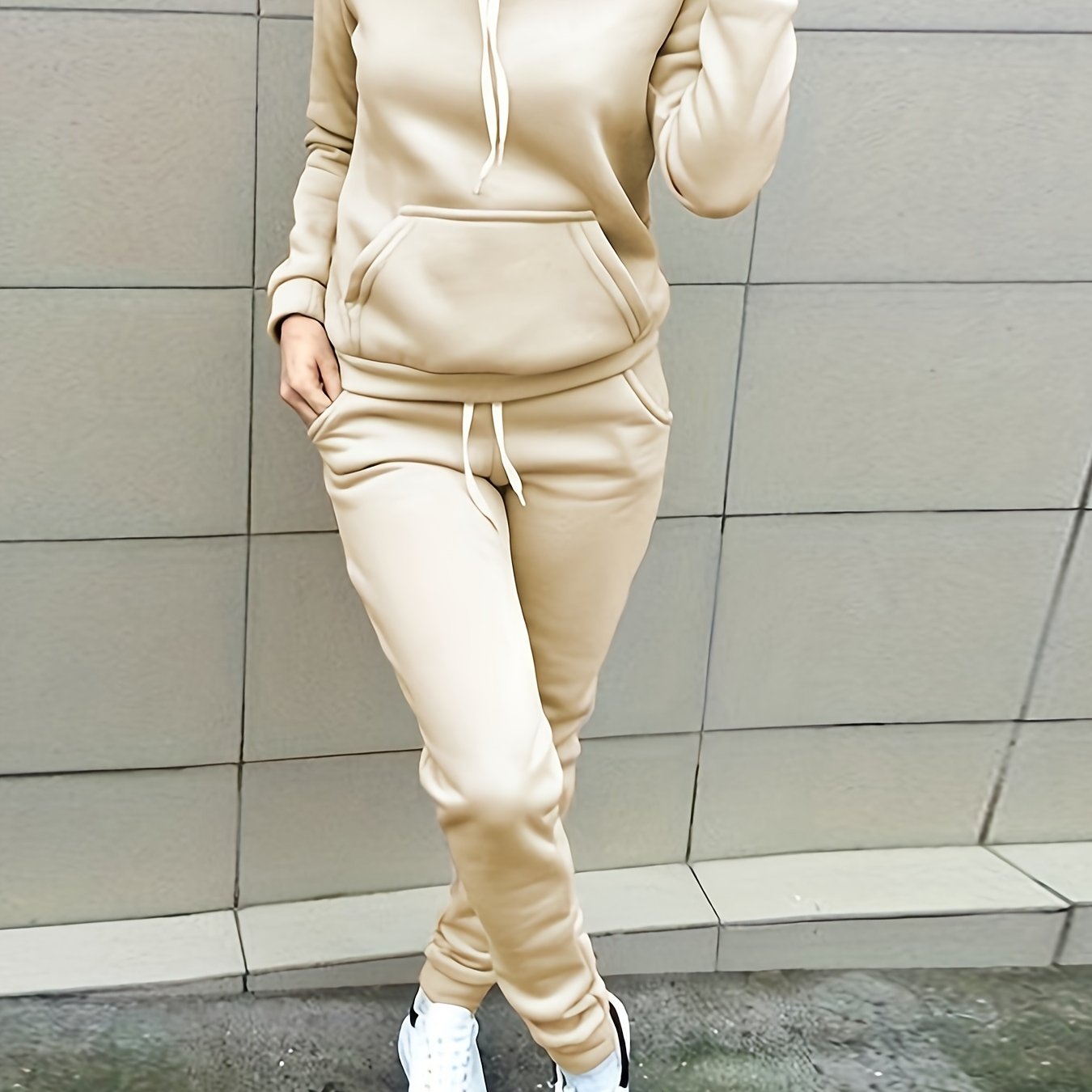 Solid Two-piece Set, Hoodie & Drawstring Pants