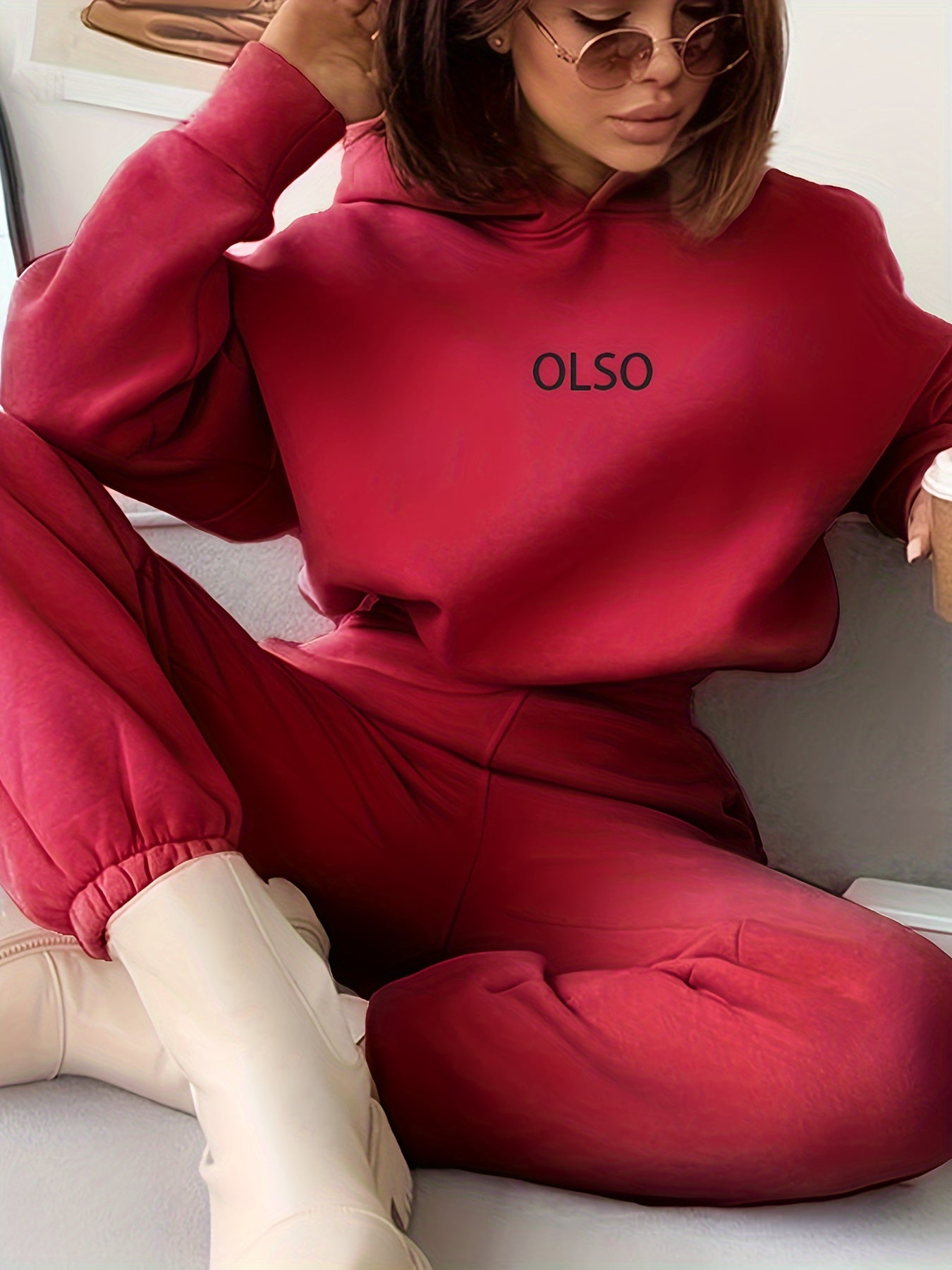 Casual Two-Piece Set - Letter Print Hooded Sweatshirt & Elastic Waist Sweatpants