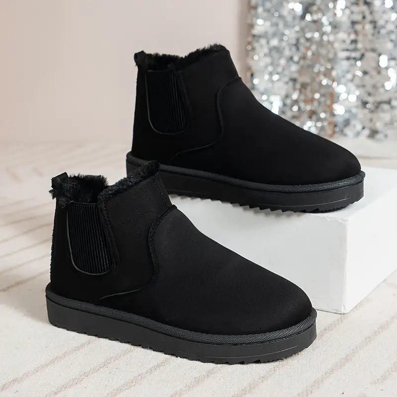 Kurze Stiefel für Damen in Volltonfarbe – Lässiger Slipper, Plüschfutter, bequeme Winterstiefel
