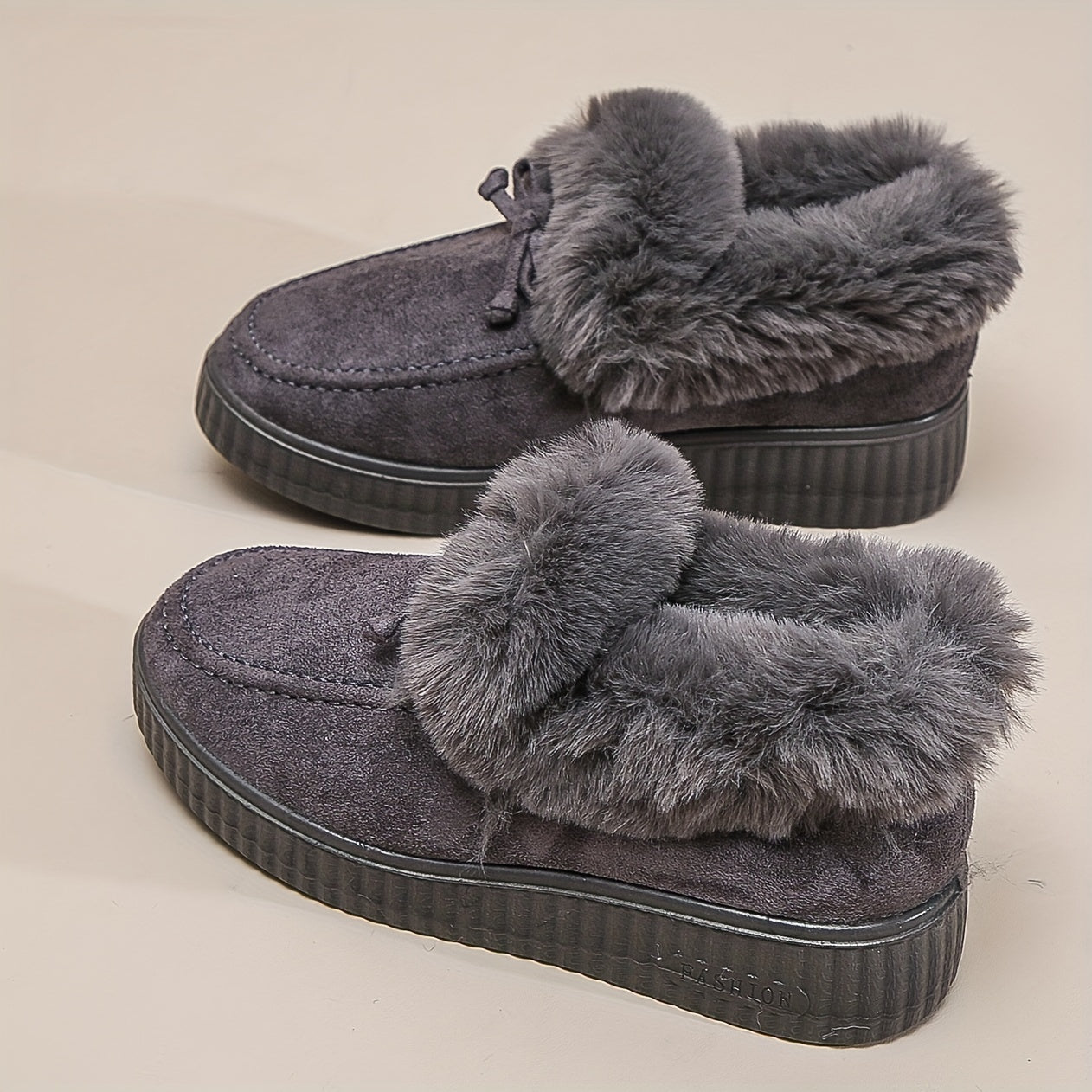 Women's Solid Color Boots, Bowknot Decor Round Toe Non-slip Soft Thick Sole Fluffy Velvet Warm Boots, Winter Comfy Shoes