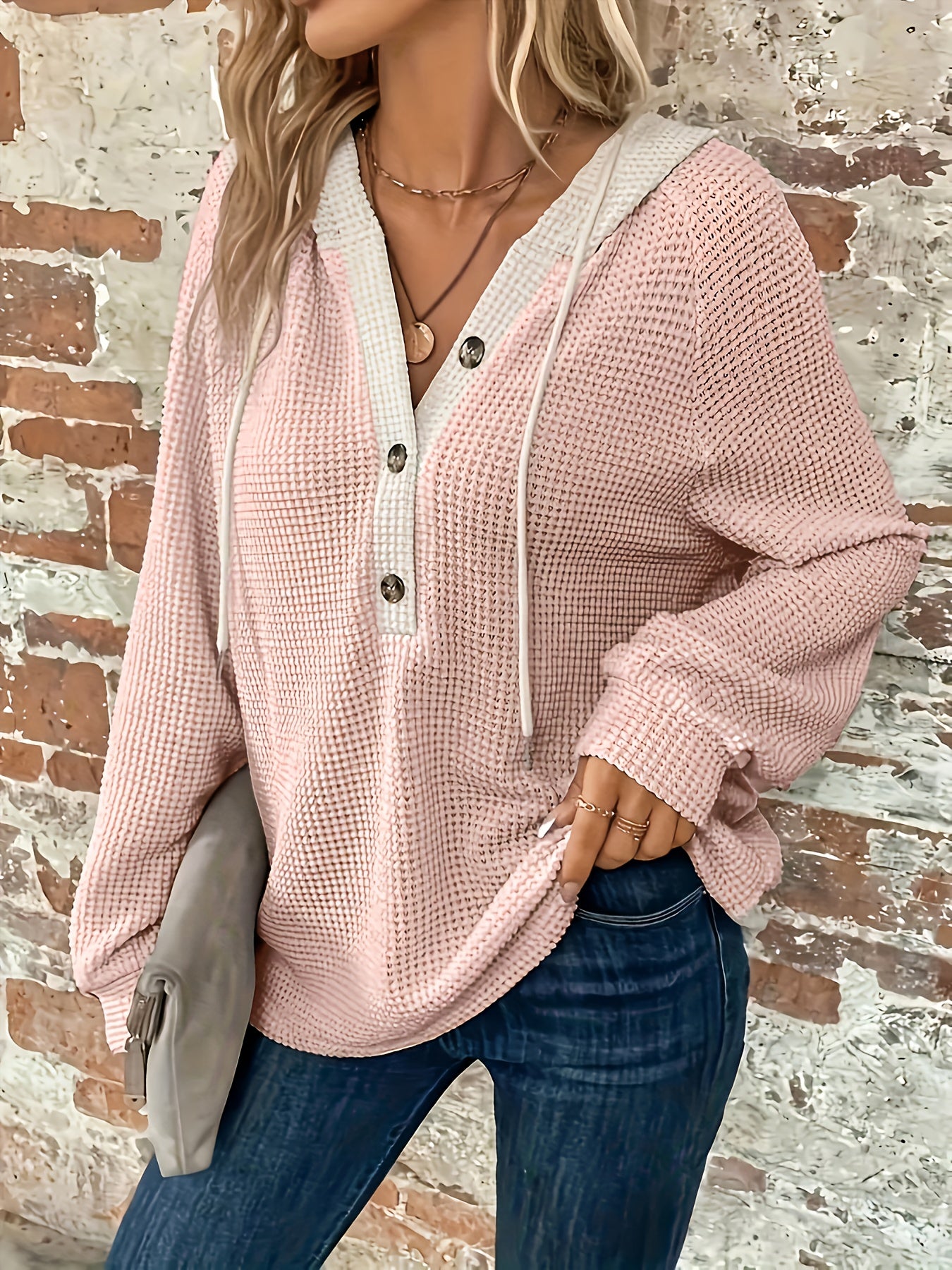 Color Block Hoodie, Button Front, Long Sleeve, Casual Sweatshirt for Women.